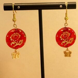 Chic Red and Gold Floral Earrings